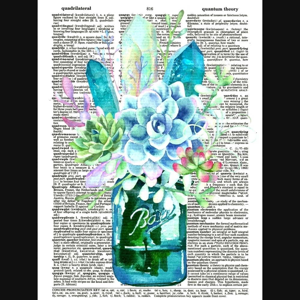 Blue Succulents and Crystals Dictionary Art Print
